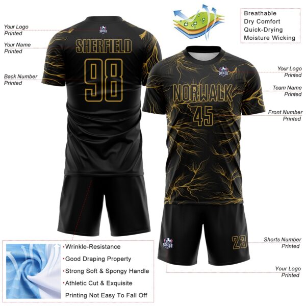 Custom Black Old Gold Lightning Electric Veins Sublimation Soccer Uniform Jersey