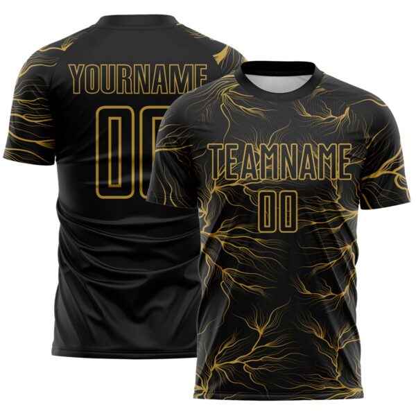 Custom Black Old Gold Lightning Electric Veins Sublimation Soccer Uniform Jersey