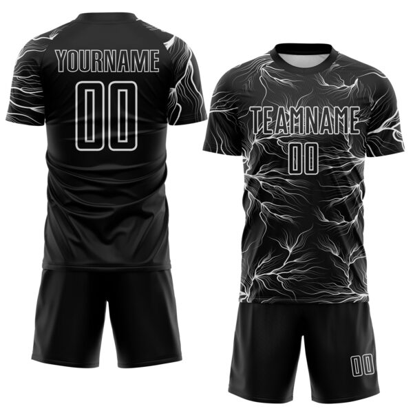 Custom Black White Lightning Electric Veins Sublimation Soccer Uniform Jersey