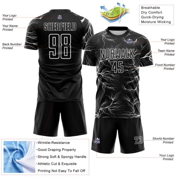 Custom Black White Lightning Electric Veins Sublimation Soccer Uniform Jersey