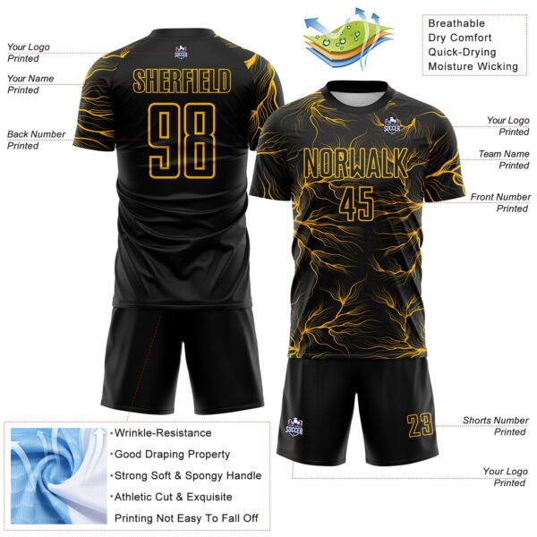 Custom Black Gold Lightning Electric Veins Sublimation Soccer Uniform Jersey