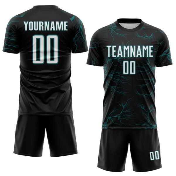 Custom Black White-Teal Lightning Electric Veins Sublimation Soccer Uniform Jersey