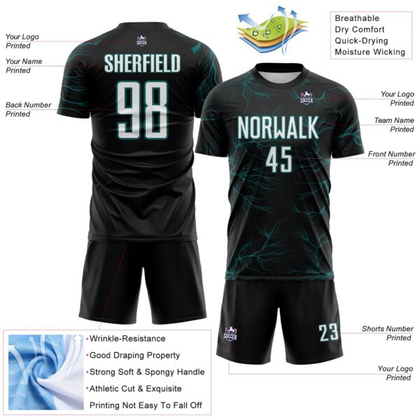 Custom Black White-Teal Lightning Electric Veins Sublimation Soccer Uniform Jersey