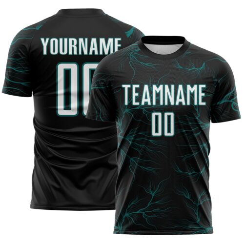 Custom Black White-Teal Lightning Electric Veins Sublimation Soccer Uniform Jersey