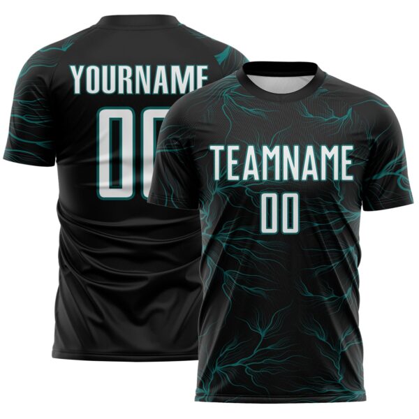 Custom Black White-Teal Lightning Electric Veins Sublimation Soccer Uniform Jersey
