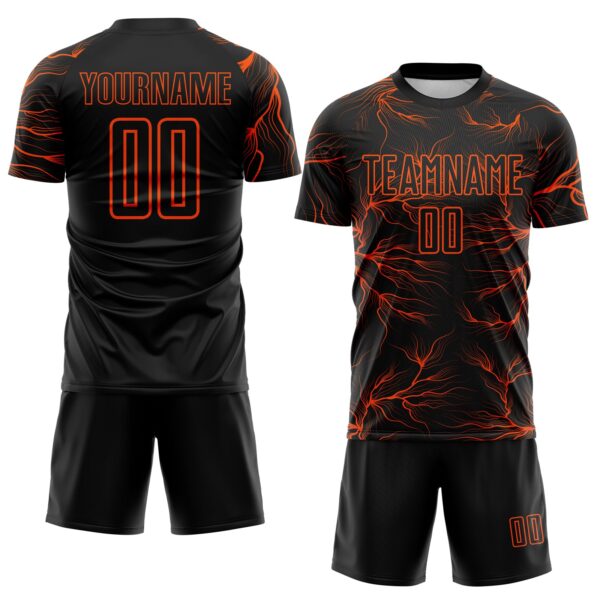 Custom Black Orange Lightning Electric Veins Sublimation Soccer Uniform Jersey