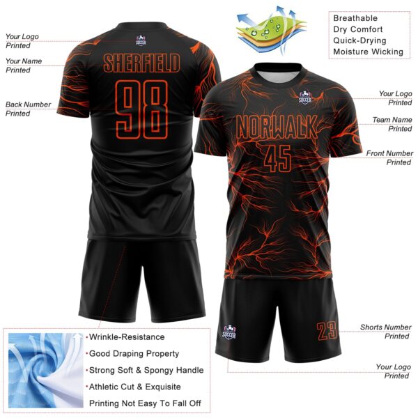 Custom Black Orange Lightning Electric Veins Sublimation Soccer Uniform Jersey