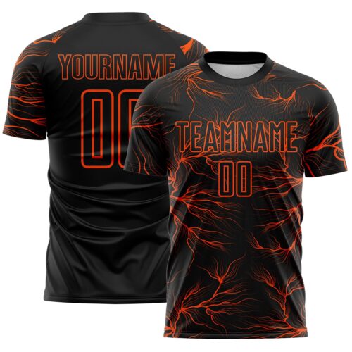 Custom Black Orange Lightning Electric Veins Sublimation Soccer Uniform Jersey
