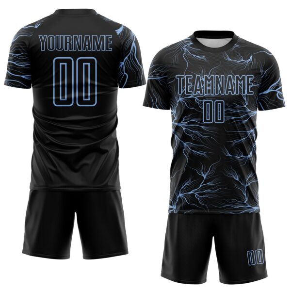 Custom Black Light Blue Lightning Electric Veins Sublimation Soccer Uniform Jersey