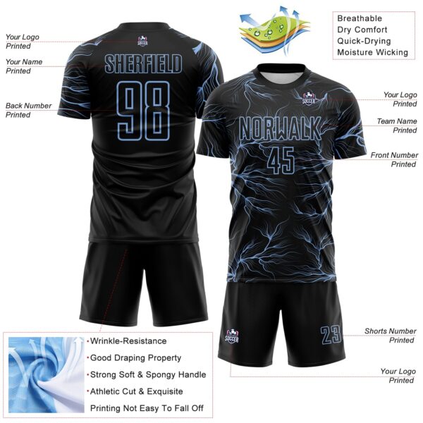 Custom Black Light Blue Lightning Electric Veins Sublimation Soccer Uniform Jersey