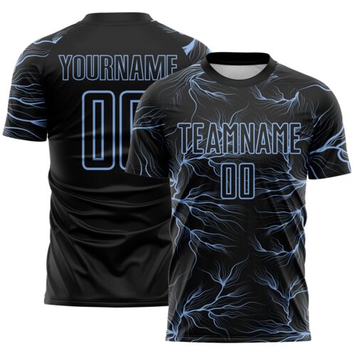 Custom Black Light Blue Lightning Electric Veins Sublimation Soccer Uniform Jersey