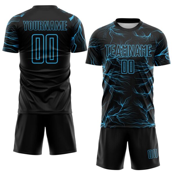 Custom Black Sky Blue Lightning Electric Veins Sublimation Soccer Uniform Jersey