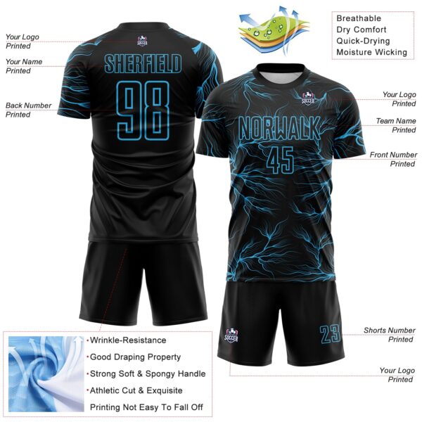 Custom Black Sky Blue Lightning Electric Veins Sublimation Soccer Uniform Jersey
