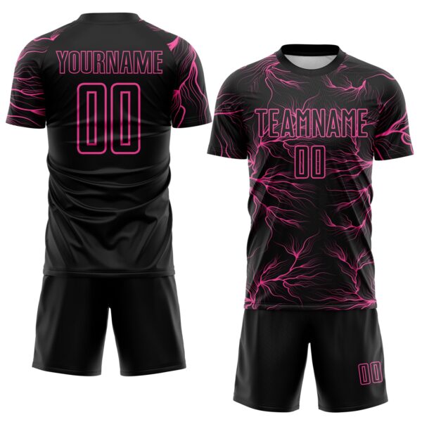 Custom Black Pink Lightning Electric Veins Sublimation Soccer Uniform Jersey