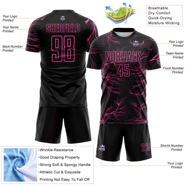 Custom Black Pink Lightning Electric Veins Sublimation Soccer Uniform Jersey