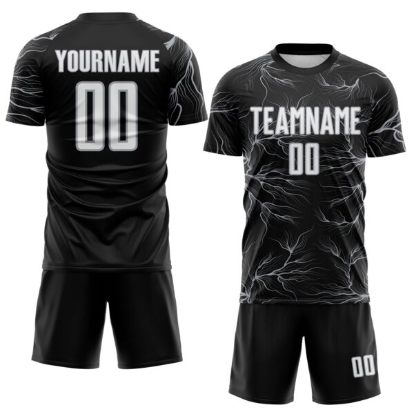 Custom Black White-Gray Lightning Electric Veins Sublimation Soccer Uniform Jersey