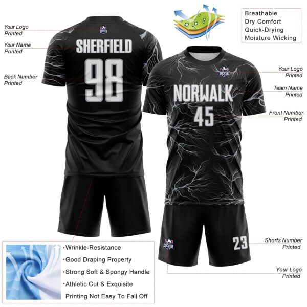 Custom Black White-Gray Lightning Electric Veins Sublimation Soccer Uniform Jersey