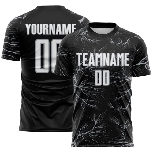 Custom Black White-Gray Lightning Electric Veins Sublimation Soccer Uniform Jersey