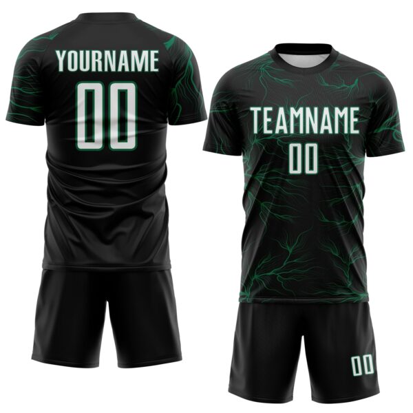 Custom Black White-Kelly Green Lightning Electric Veins Sublimation Soccer Uniform Jersey