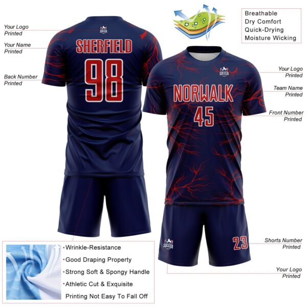 Custom Navy Red-White Lightning Electric Veins Sublimation Soccer Uniform Jersey