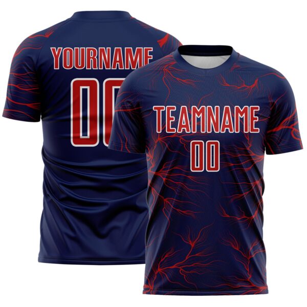Custom Navy Red-White Lightning Electric Veins Sublimation Soccer Uniform Jersey