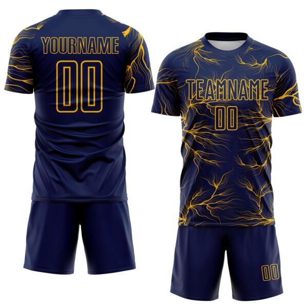 Custom Navy Gold Lightning Electric Veins Sublimation Soccer Uniform Jersey