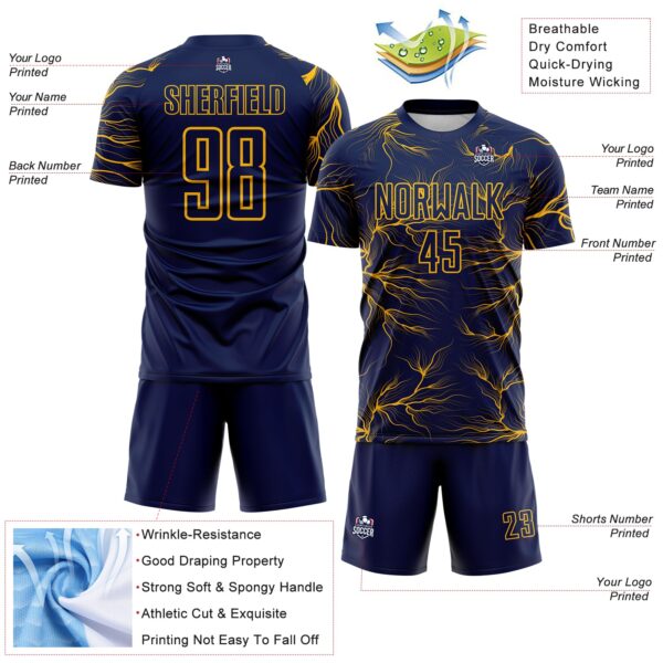 Custom Navy Gold Lightning Electric Veins Sublimation Soccer Uniform Jersey
