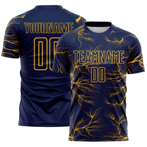 Custom Navy Gold Lightning Electric Veins Sublimation Soccer Uniform Jersey