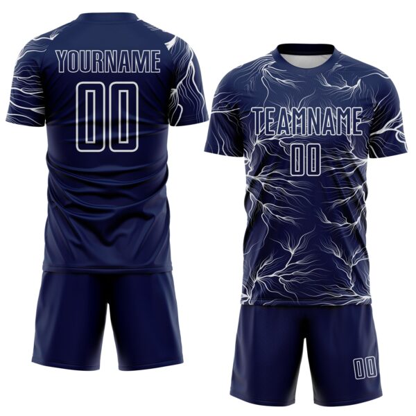 Custom Navy White Lightning Electric Veins Sublimation Soccer Uniform Jersey