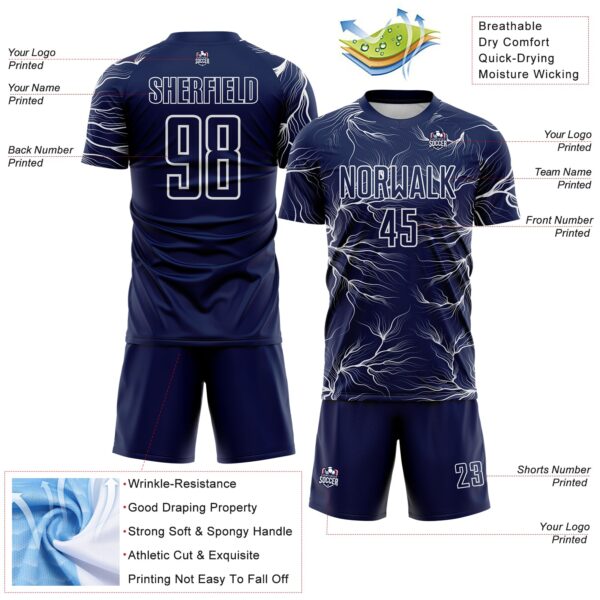 Custom Navy White Lightning Electric Veins Sublimation Soccer Uniform Jersey