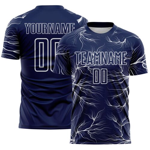 Custom Navy White Lightning Electric Veins Sublimation Soccer Uniform Jersey