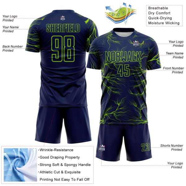 Custom Navy Neon Green Lightning Electric Veins Sublimation Soccer Uniform Jersey