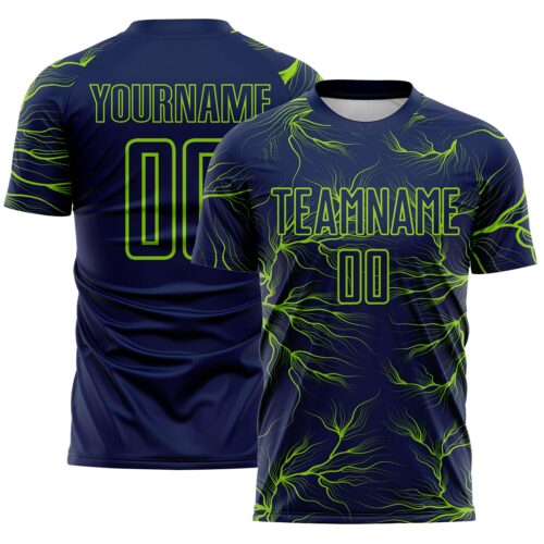 Custom Navy Neon Green Lightning Electric Veins Sublimation Soccer Uniform Jersey