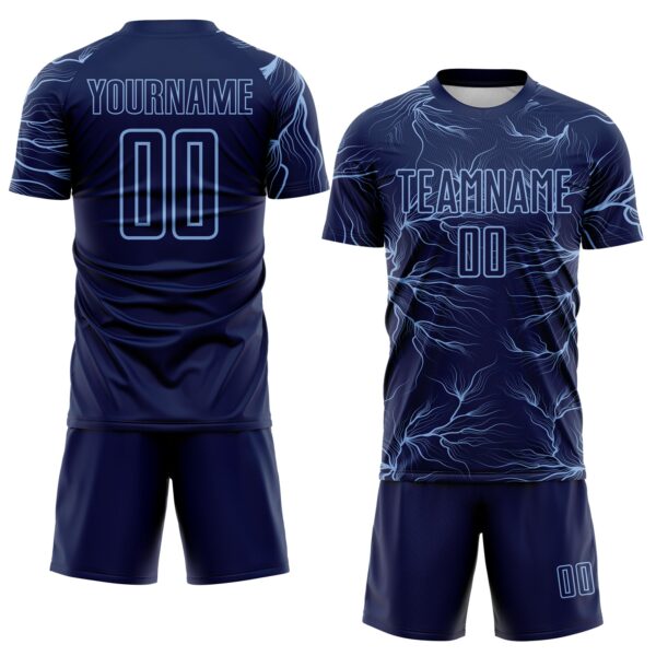 Custom Navy Light Blue Lightning Electric Veins Sublimation Soccer Uniform Jersey