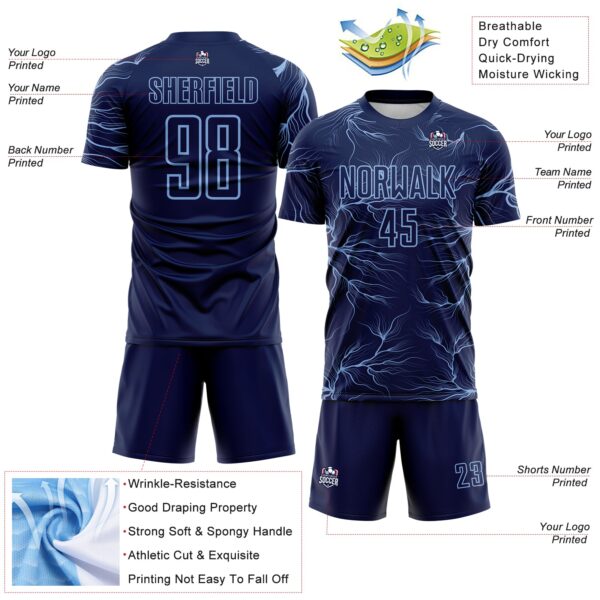 Custom Navy Light Blue Lightning Electric Veins Sublimation Soccer Uniform Jersey