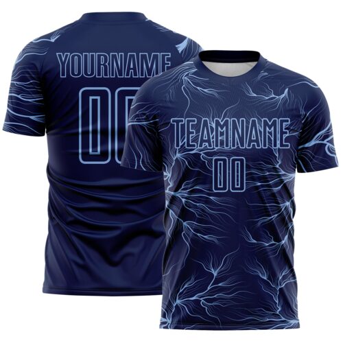 Custom Navy Light Blue Lightning Electric Veins Sublimation Soccer Uniform Jersey
