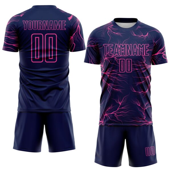 Custom Navy Pink Lightning Electric Veins Sublimation Soccer Uniform Jersey