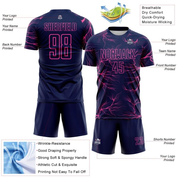 Custom Navy Pink Lightning Electric Veins Sublimation Soccer Uniform Jersey
