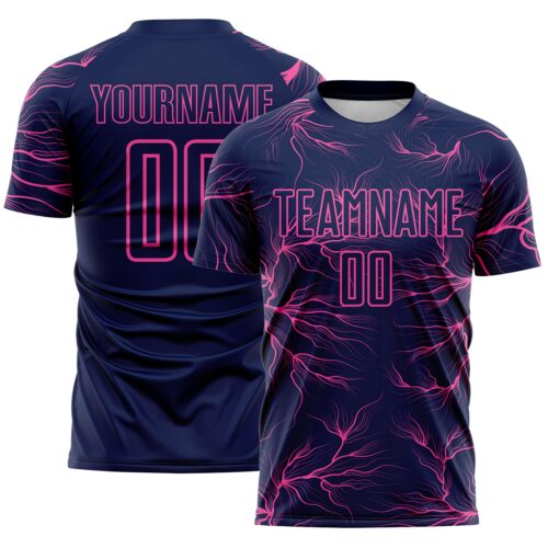 Custom Navy Pink Lightning Electric Veins Sublimation Soccer Uniform Jersey