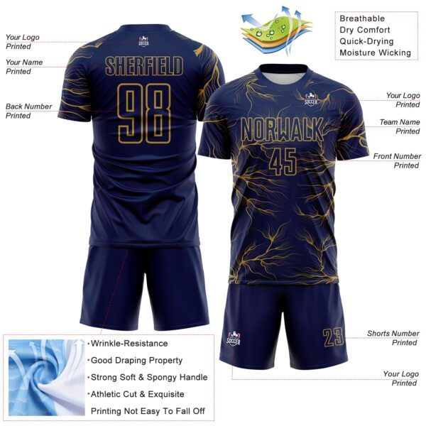 Custom Navy Old Gold Lightning Electric Veins Sublimation Soccer Uniform Jersey