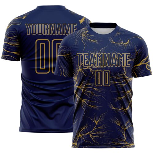 Custom Navy Old Gold Lightning Electric Veins Sublimation Soccer Uniform Jersey