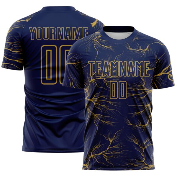 Custom Navy Old Gold Lightning Electric Veins Sublimation Soccer Uniform Jersey