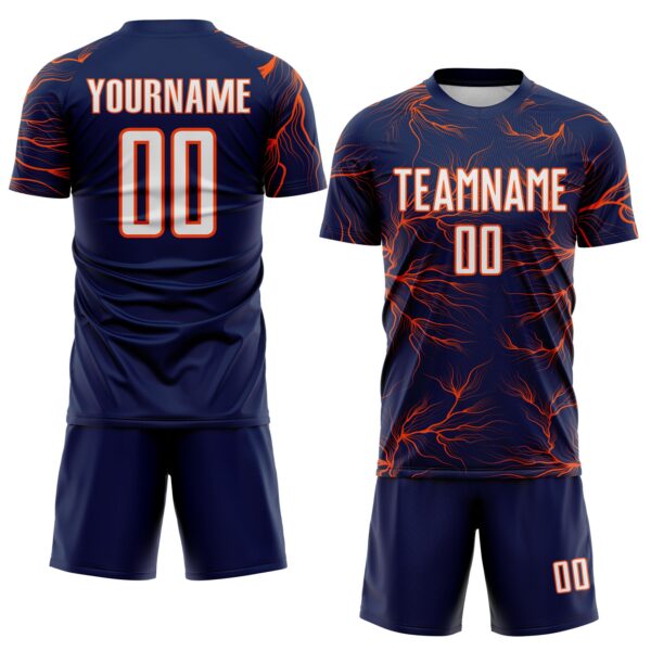 Custom Navy White-Orange Lightning Electric Veins Sublimation Soccer Uniform Jersey
