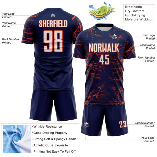 Custom Navy White-Orange Lightning Electric Veins Sublimation Soccer Uniform Jersey