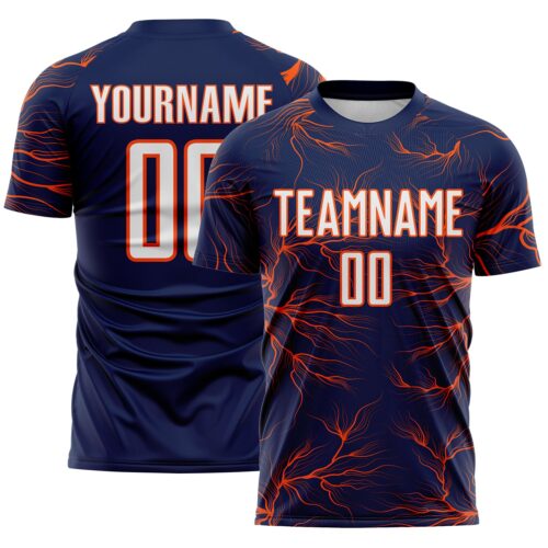 Custom Navy White-Orange Lightning Electric Veins Sublimation Soccer Uniform Jersey