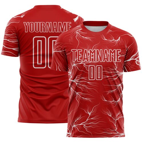 Custom Red White Lightning Electric Veins Sublimation Soccer Uniform Jersey
