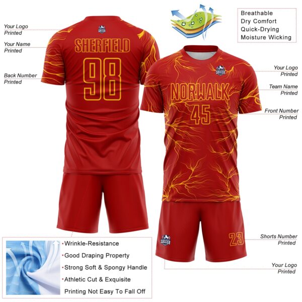 Custom Red Gold Lightning Electric Veins Sublimation Soccer Uniform Jersey