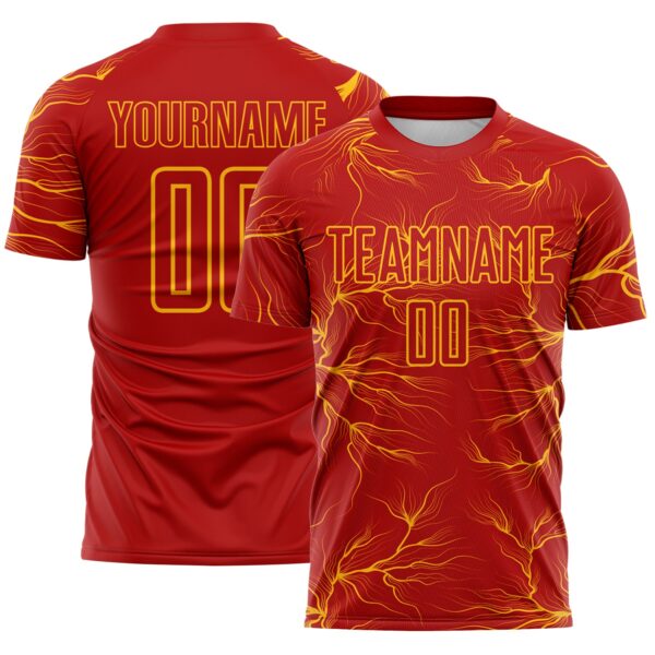 Custom Red Gold Lightning Electric Veins Sublimation Soccer Uniform Jersey