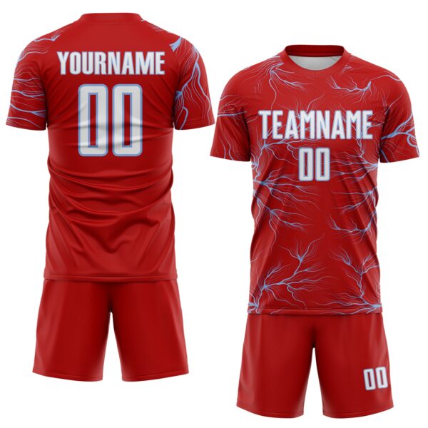 Custom Red White-Light Blue Lightning Electric Veins Sublimation Soccer Uniform Jersey