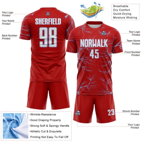 Custom Red White-Light Blue Lightning Electric Veins Sublimation Soccer Uniform Jersey